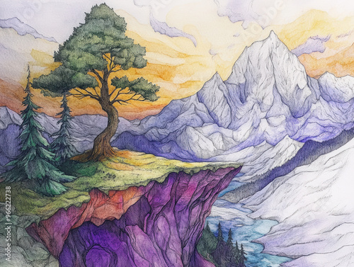 Moonlight Mountain Serenity. A picturesque mountain landscape with a prominence of blues and purples to represent the sky, mountains, and trees
