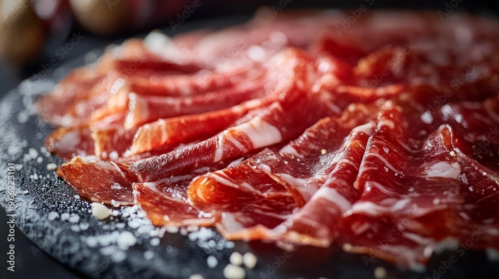 A close-up shot of thinly sliced Jamon Iberico arranged in a circular pattern on a black slate plate. The slices are glistening and have a rich, red color. The image symbolizes luxury, indulgence, fin A close-up shot of thinly sliced Jamon Iberico arranged in a circular pattern on a black slate plate. The slices are glistening and have a rich, red color. The image symbolizes luxury, indulgence, fin