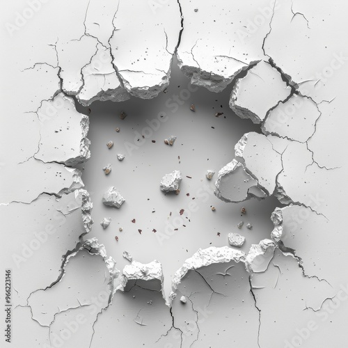 Impact hole with cracks. Broken hole with pieces of stones and industrial destruction after strong explosion and fall