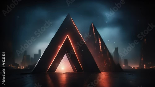 Futuristic Cityscape with Pyramid-Shaped Structures and Neon Lights