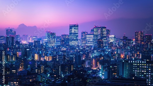 Vibrant City Lights: Stunning Night Skyline with Glowing Urban Buildings