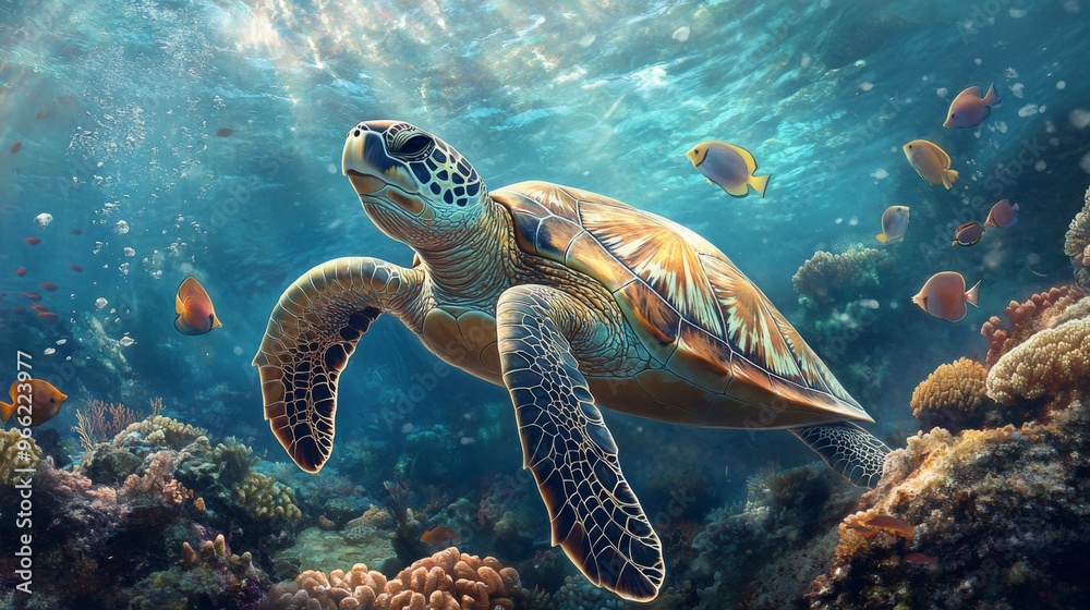 Obraz premium A sea turtle resting on a coral reef, surrounded by small fish and marine life, highlighting the importance of reef ecosystems and underwater biodiversity.