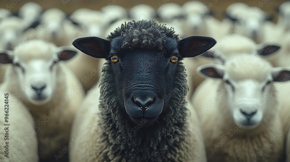 Fototapeta premium A single black sheep stands out amongst a crowd of white sheep, looking directly at the camera.