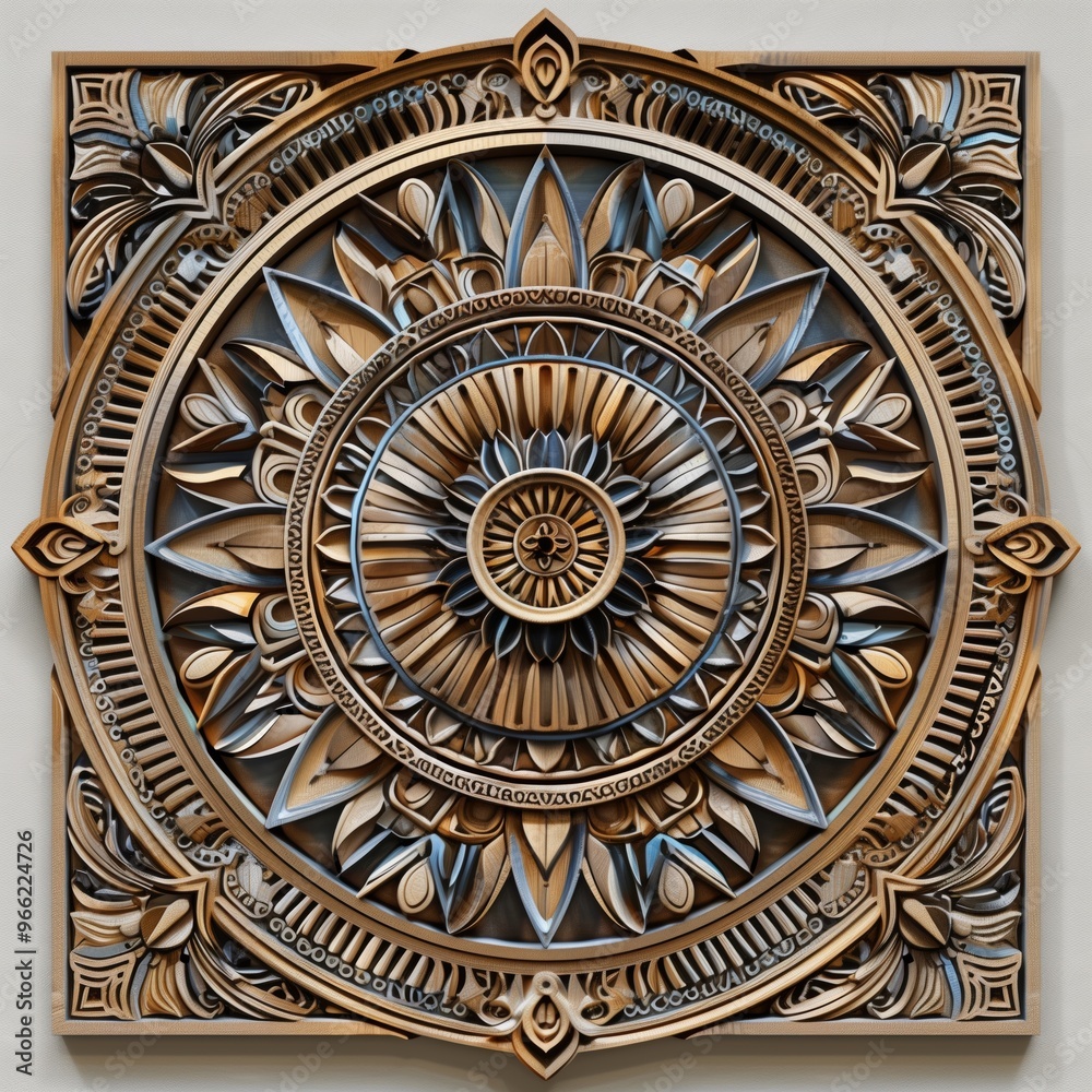 A beautifully intricate mandala wooden wall art featuring a circular mandala design. The artwork showcases detailed floral patterns and geometric shapes, with a blend of warm brown and gold tones.