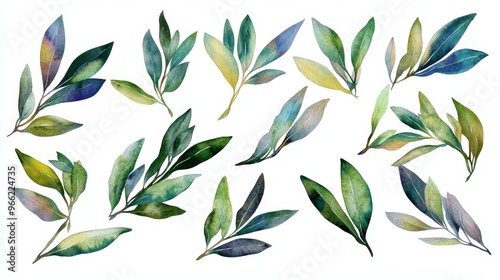 A collection of 15 watercolor olive leaf elements, perfect for adding a touch of nature to your designs. These leaves are perfect for creating wreaths, borders, or adding a touch of greenery to your 