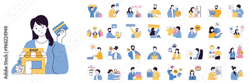 Shopping concept mega set with character scenes in flat design for web. Bundle situations with people choosing new clothes, making purchases, paying credit card, get discounts. Vector illustrations.