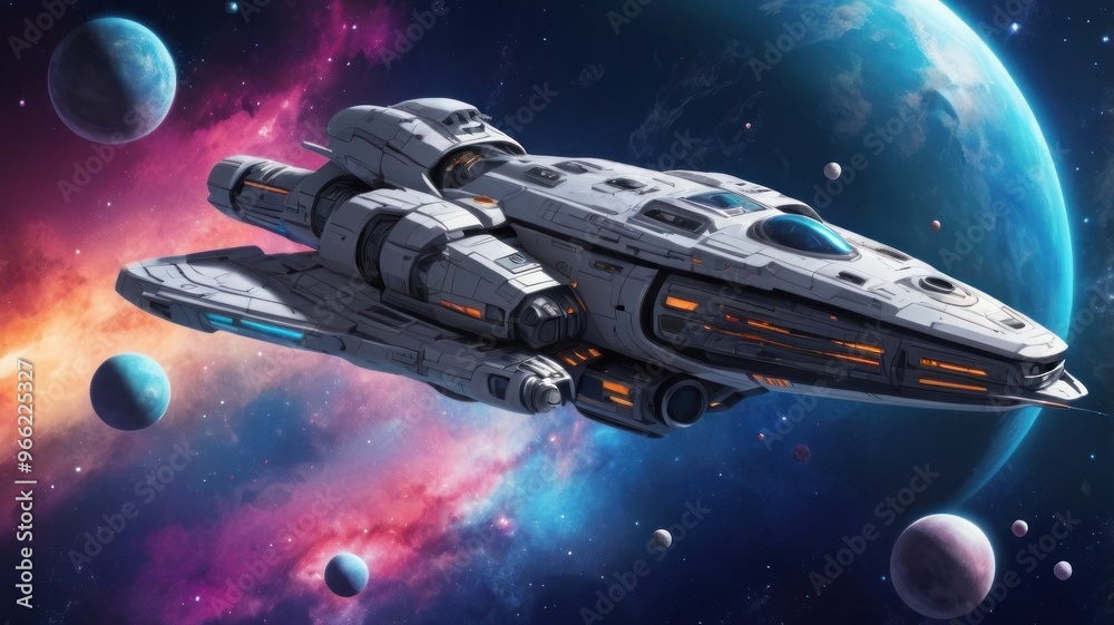 custom made wallpaper toronto digitalWallpaper illustration sci-fi spaceship in style low poly fly between planets in space