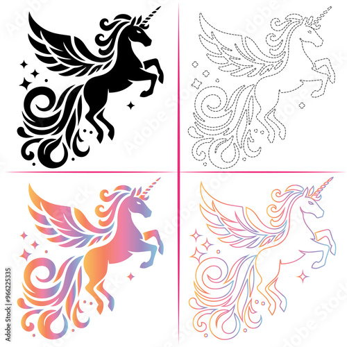 Silhouette of a Unicorn, Colorful Unicorn Silhouette, Unicorn Tracing and Outline