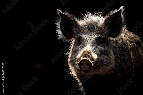 A wild boar head isolated on black background. A dramatic lighting image of a feral hog or swine