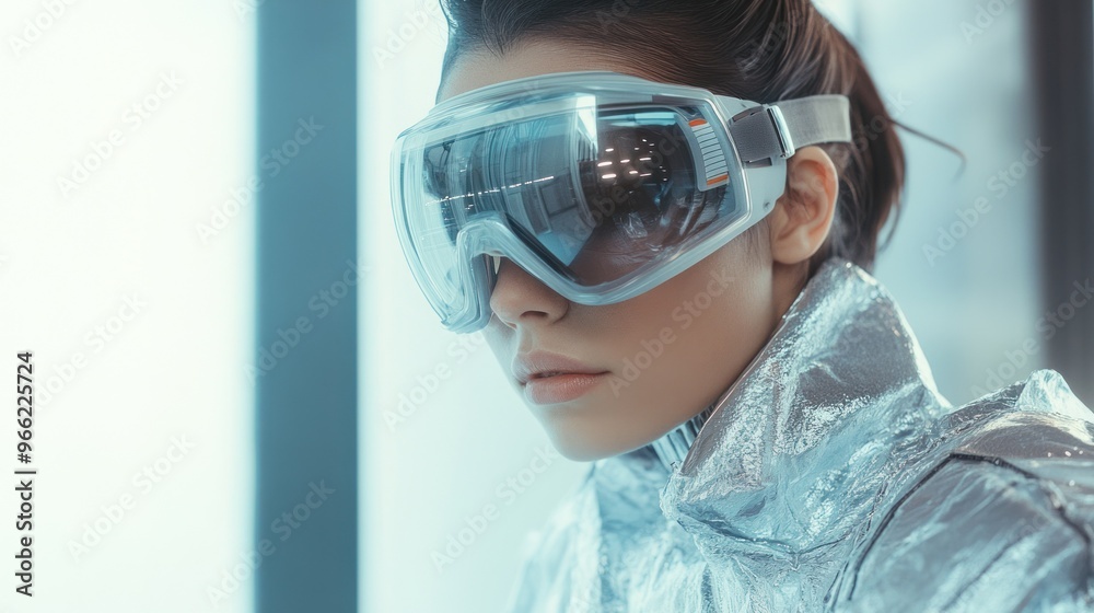 High-tech person in reflective silver suit and goggles High-tech person in reflective silver suit and goggles