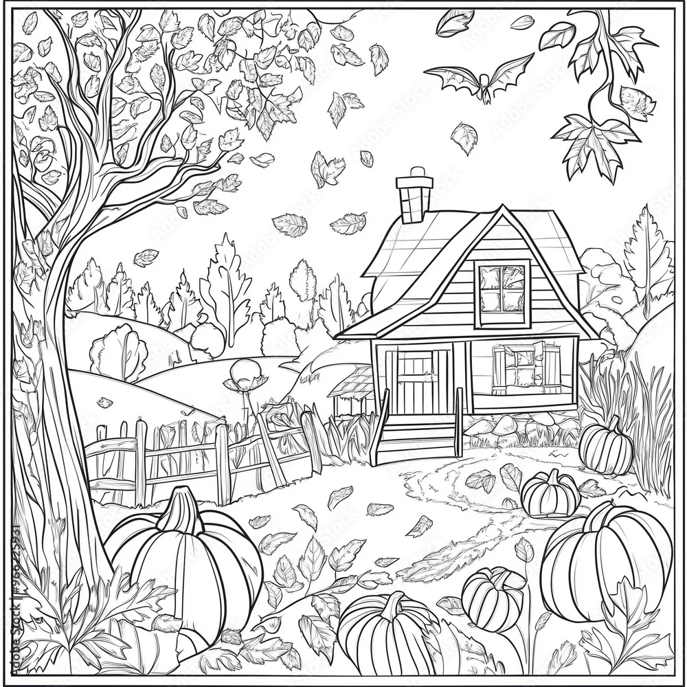 Naklejka premium Autumn Harvest Coloring Page: Cozy Scenes with Pumpkins, Leaves, and Fall Decorations - Black and White Line Art