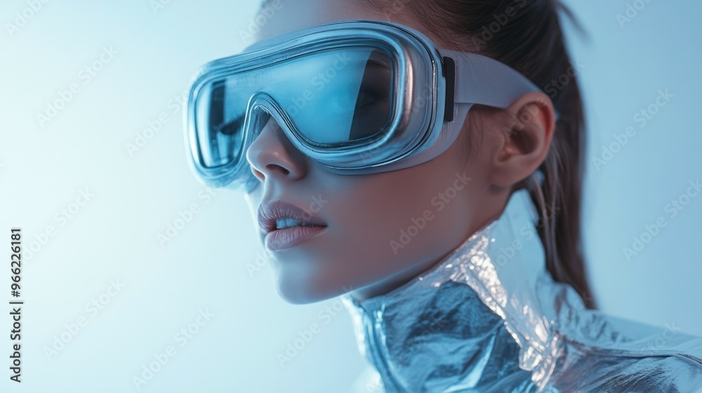 Person in metallic attire with futuristic eyewear Person in metallic attire with futuristic eyewear