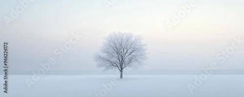 A minimalist composition of a single tree on a vast, snowcovered landscape, with a pale winter sky and soft, diffused light