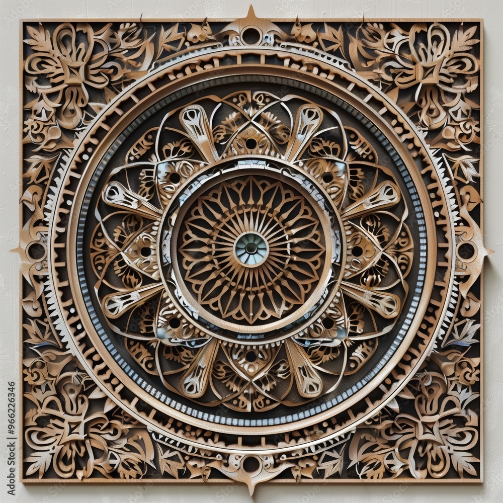 Intricate wooden mandala wall art featuring a circular design with floral and geometric patterns, showcasing detailed craftsmanship and layered textures. Intricate wooden mandala wall art featuring a circular design with floral and geometric patterns, showcasing detailed craftsmanship and layered textures.
