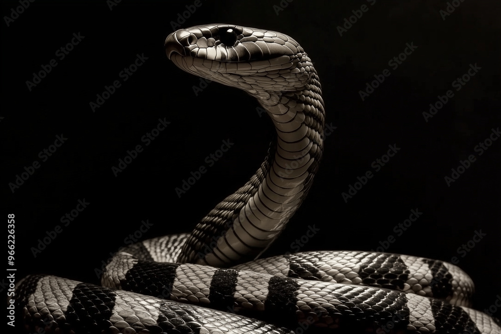 Fototapeta premium A king cobra snake, isolated on black background. Scales and details in high contrast and detail, texture - serpent