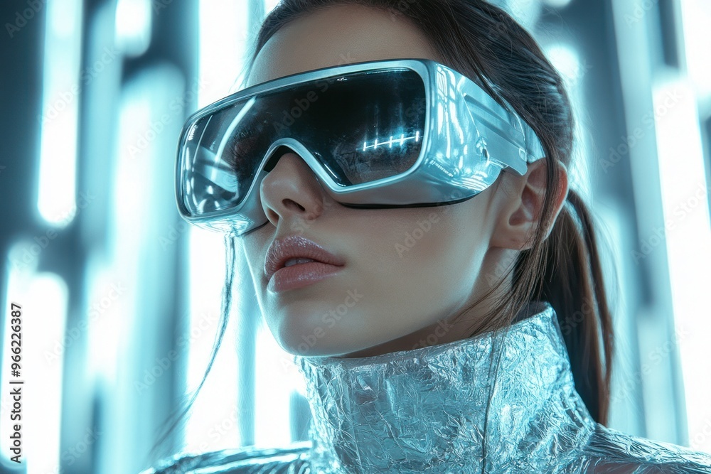 Futuristic reflective jacket and advanced eyewear Futuristic reflective jacket and advanced eyewear