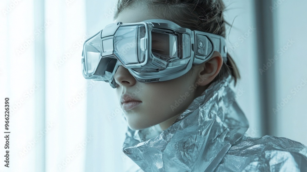 Person in futuristic goggles and reflective outfit Person in futuristic goggles and reflective outfit