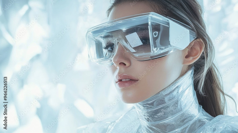 Individual in futuristic attire with transparent visor Individual in futuristic attire with transparent visor