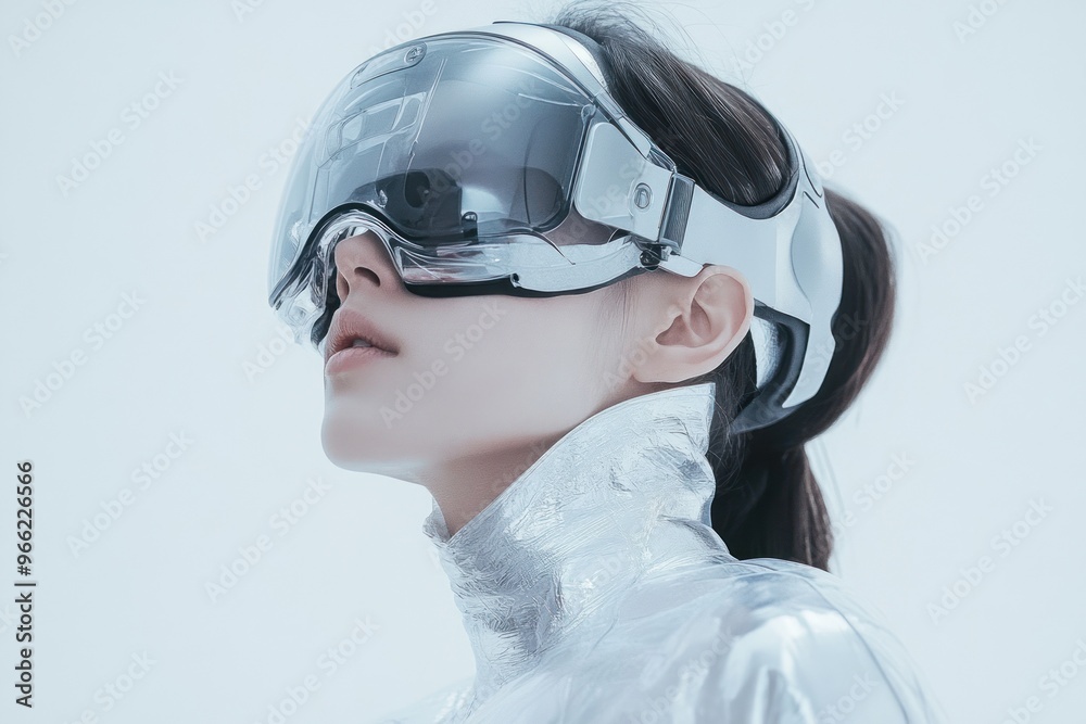 High-tech person in reflective clothing and VR headset. High-tech person in reflective clothing and VR headset.