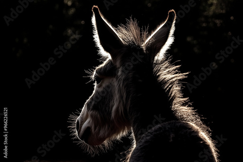 Donkey, isolated against a black background, intense downlighting adds drama and highlights the fur and mane textures of the animal - silhouette of donkey, series, democrat mascot, democratic, liberal