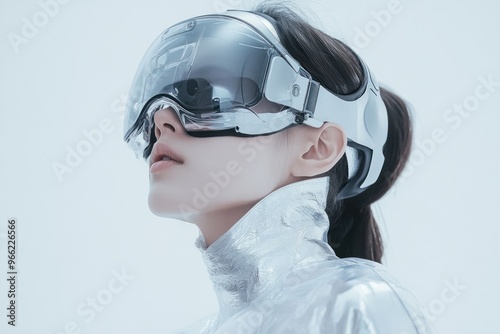 High-tech person in reflective clothing and VR headset.