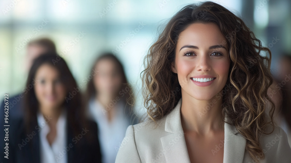 Fototapeta premium Office Success: Stylish Female CEO Smiling at the Camera with Her Business Team Behind, Representing Corporate Leadership and Confidence. photo