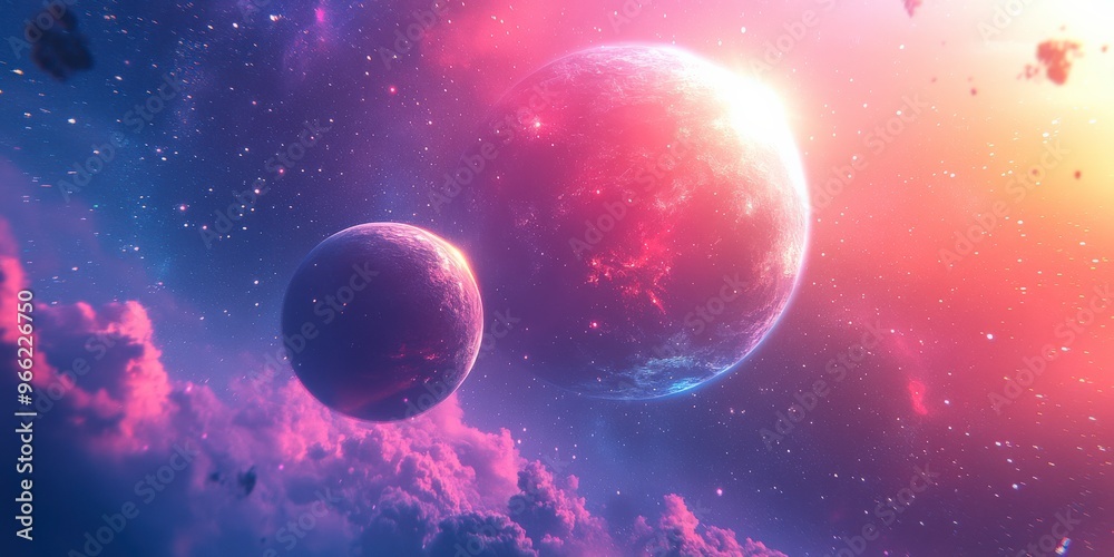 Blue and Pink Planet with Two Suns in Deep Space Blue and Pink Planet with Two Suns in Deep Space