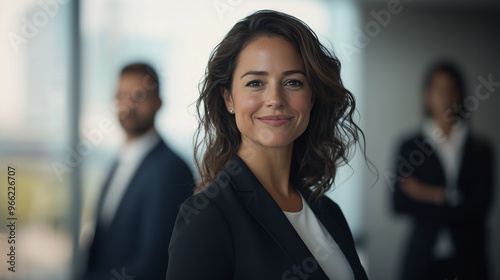 Office Success: Stylish Female CEO Smiling at the Camera with Her Business Team Behind, Representing Corporate Leadership and Confidence. photo