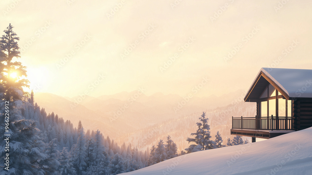 Snowy Retreat: Wooden Cabin House in a Winter Mountain Scene at Sunrise, Emphasizing Cold Weather Travel and Idyllic Vacation Atmosphere. photo Snowy Retreat: Wooden Cabin House in a Winter Mountain Scene at Sunrise, Emphasizing Cold Weather Travel and Idyllic Vacation Atmosphere. photo