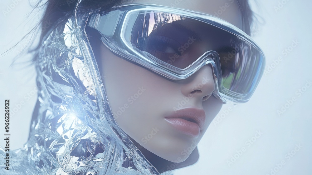 Person in high-tech silver suit and glossy futuristic glasses