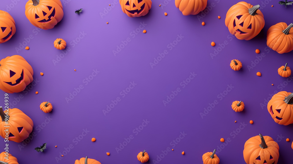 A purple background with three-dimensional pumpkins scattered across it, perfect for a Halloween banner. A purple background with three-dimensional pumpkins scattered across it, perfect for a Halloween banner.