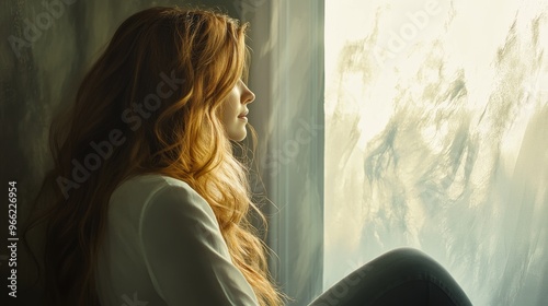 A serene image of a woman with flowing, wavy hair sitting by a window, with natural light illuminating her hair texture and movement.