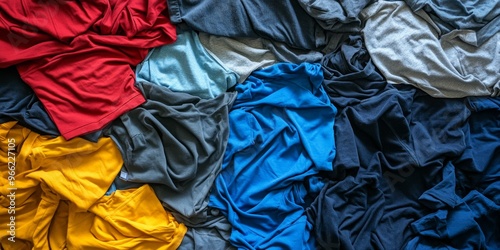 Colorful pile of t-shirts and shirts on the floor promoting recycling awareness through fashion photo