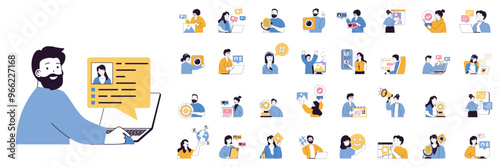 Social network concept mega set with character scenes in flat design for web. Bundle situations with people chatting online with friend, posting new photos, making live streams. Vector illustrations.