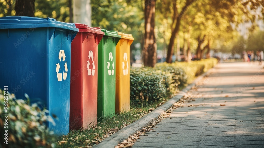 Colorful recycling bins in a city park promoting a sustainable environment during daylight Colorful recycling bins in a city park promoting a sustainable environment during daylight
