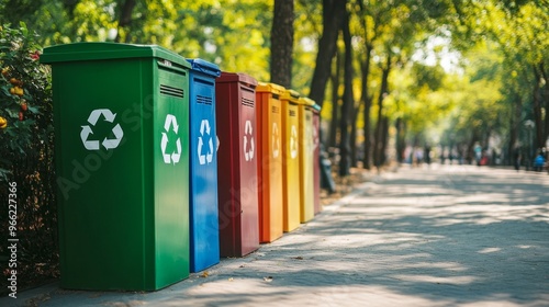 Colorful recycling bins in a city park promoting environmental awareness and sustainability