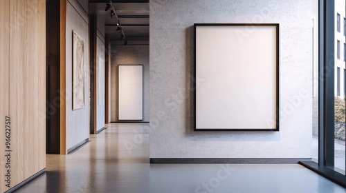 a large gold frame with white screen hangs on a wall. The wall is a pale gradient blue 