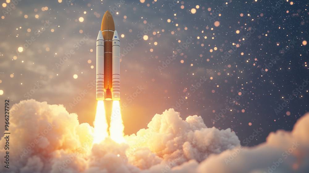 Fototapeta premium Galactic Takeoff: Rocket Launching with Fiery Flames, Representing Science and Technology in Space Exploration, Business Innovation, and Mission Adventures. photo