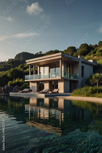 Modern Villa with waterfront in sunny weather 