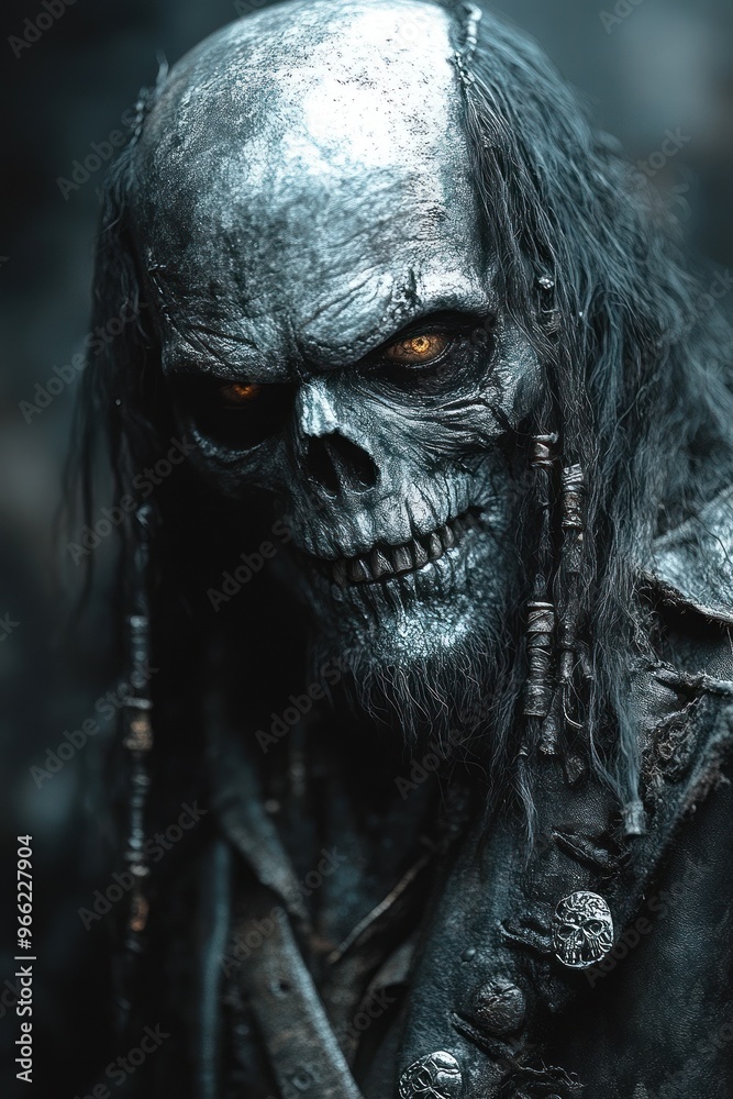 Grim skeletal pirate captain with glowing eyes on duty. Grim skeletal pirate captain with glowing eyes on duty.