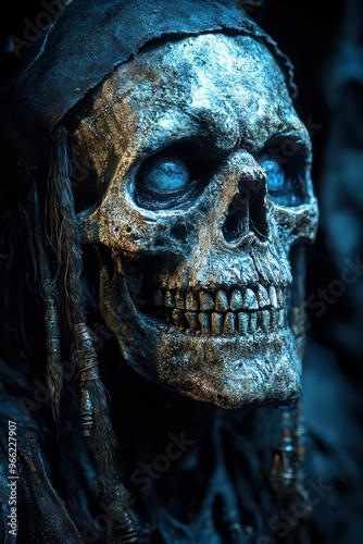 Skull pirate with eerie blue glowing eyes, close-up photo