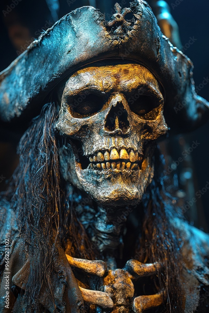Skeleton pirate wearing battered hat and eerie glow. Skeleton pirate wearing battered hat and eerie glow.