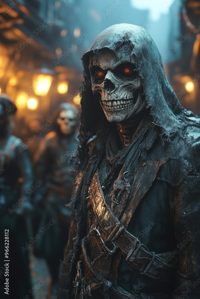 Hooded skeleton in dark garb with glowing eyes in crowd Hooded skeleton in dark garb with glowing eyes in crowd