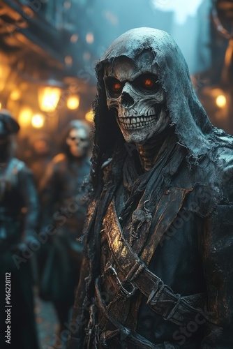 Hooded skeleton in dark garb with glowing eyes in crowd