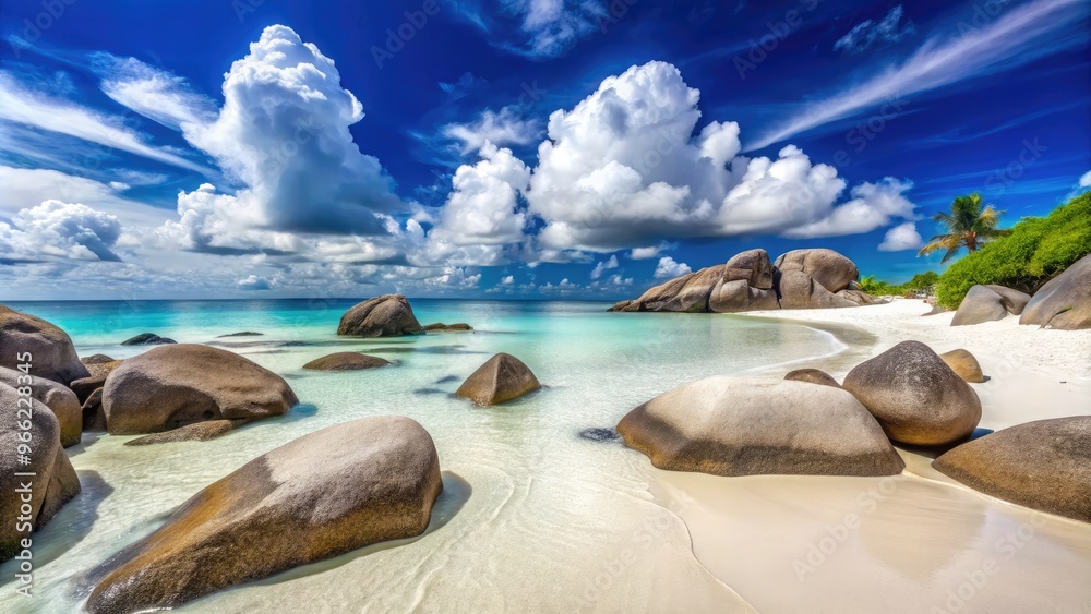 Pristine beach with smooth boulders and crystal-clear water. Pristine beach with smooth boulders and crystal-clear water.