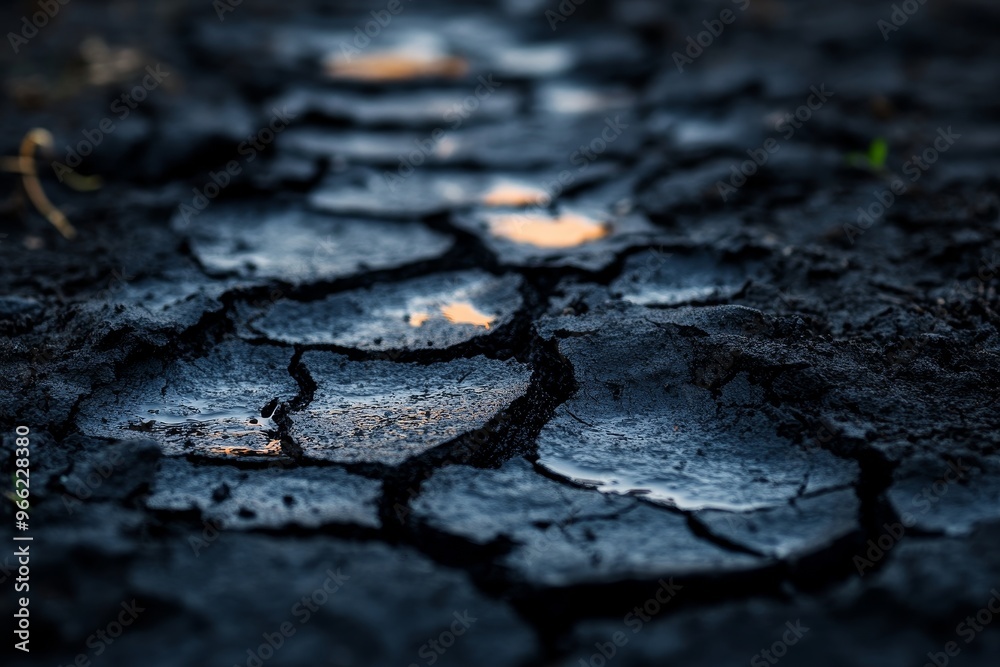 Obraz premium A close-up shot of cracked dark mud with footprints, symbolizing the passage of time, the fragility of nature, the impact of human presence, the resilience of the earth, and the beauty of imperfection