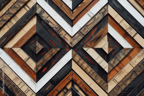 A geometric pattern made of various wooden frames arranged in a diamond shape. The frames feature different wood tones, including black, brown, white, and natural.