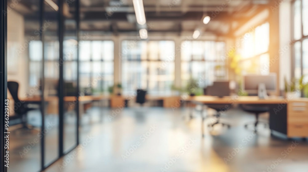 Fototapeta premium Bright and inviting office space with blurred focus highlighting a productive environment