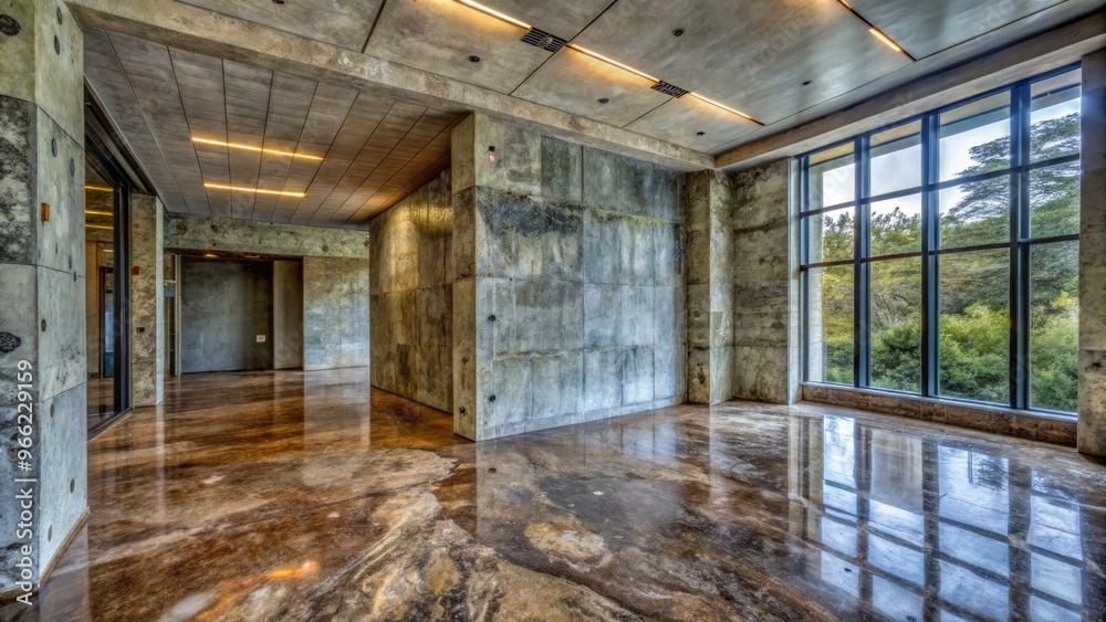 Spacious modern interior with polished concrete and large windows.
