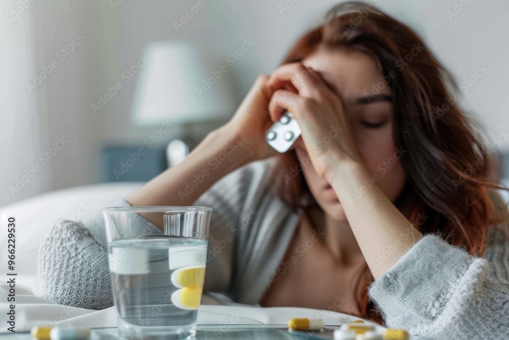 Taking medication to provide some much-needed relief Unhealthy sick Caucasian woman suffers from insomnia or headache during the day, takes sleeping pill while laying in bed with glass of water, depre Taking medication to provide some much-needed relief Unhealthy sick Caucasian woman suffers from insomnia or headache during the day, takes sleeping pill while laying in bed with glass of water, depre